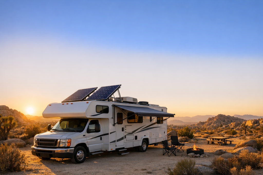 RV with tilted solar panels at golden hour in desert campsite