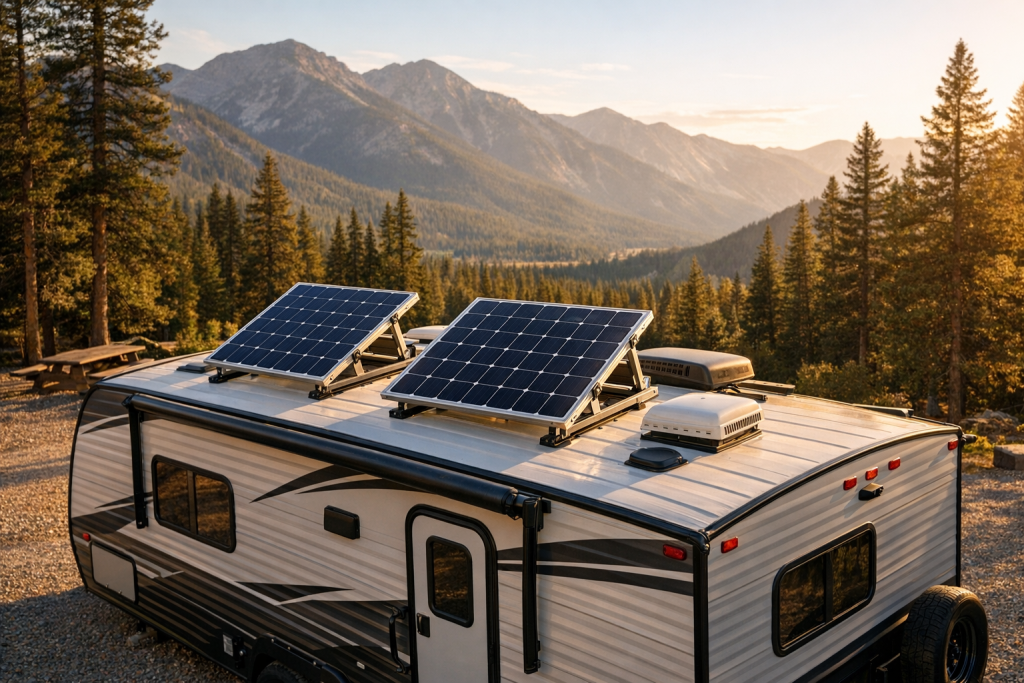 Travel trailer with solar panels tilted at optimal angle in mountain campground