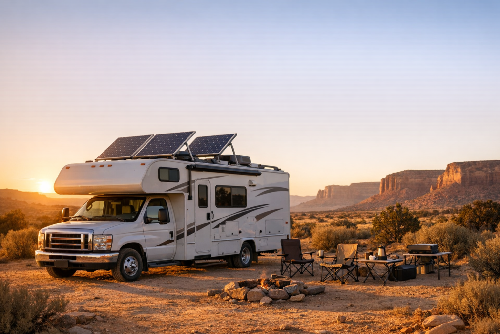 RV with tilted rooftop solar panels at golden hour desert campsite