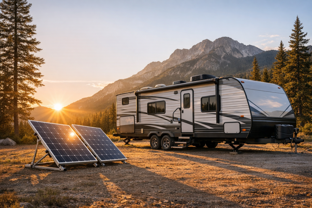 Travel trailer with solar panels tilted at angle toward sun at mountain campsite