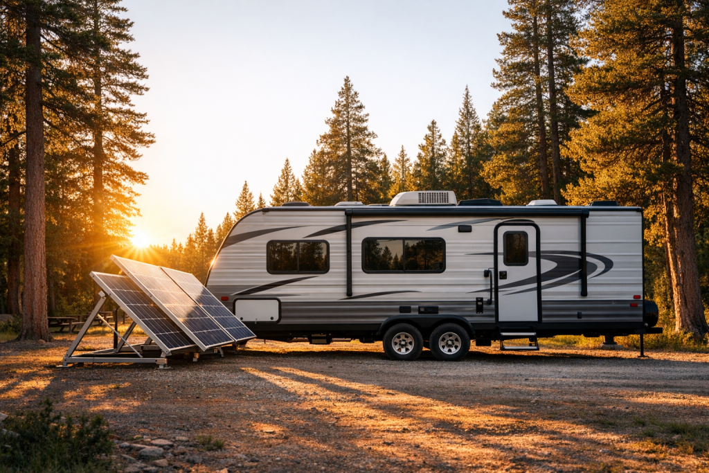Travel trailer with solar panels tilted at optimal angle toward sun