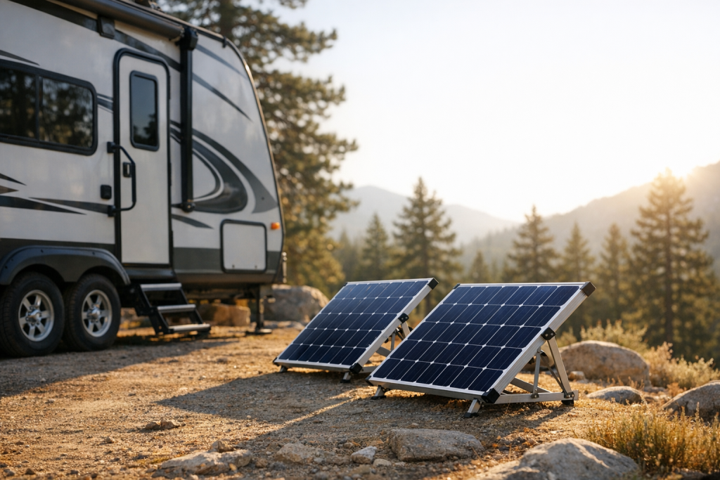 Travel trailer with solar panels tilted at optimal angle toward afternoon sun