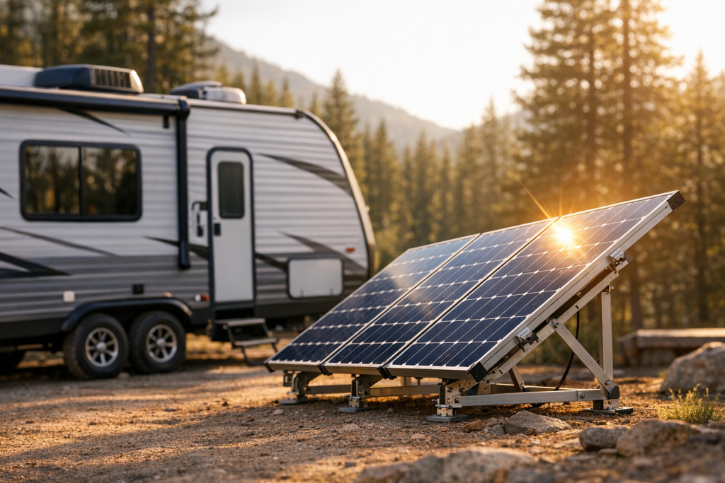 Travel trailer with solar panels tilted at optimal angle toward sun