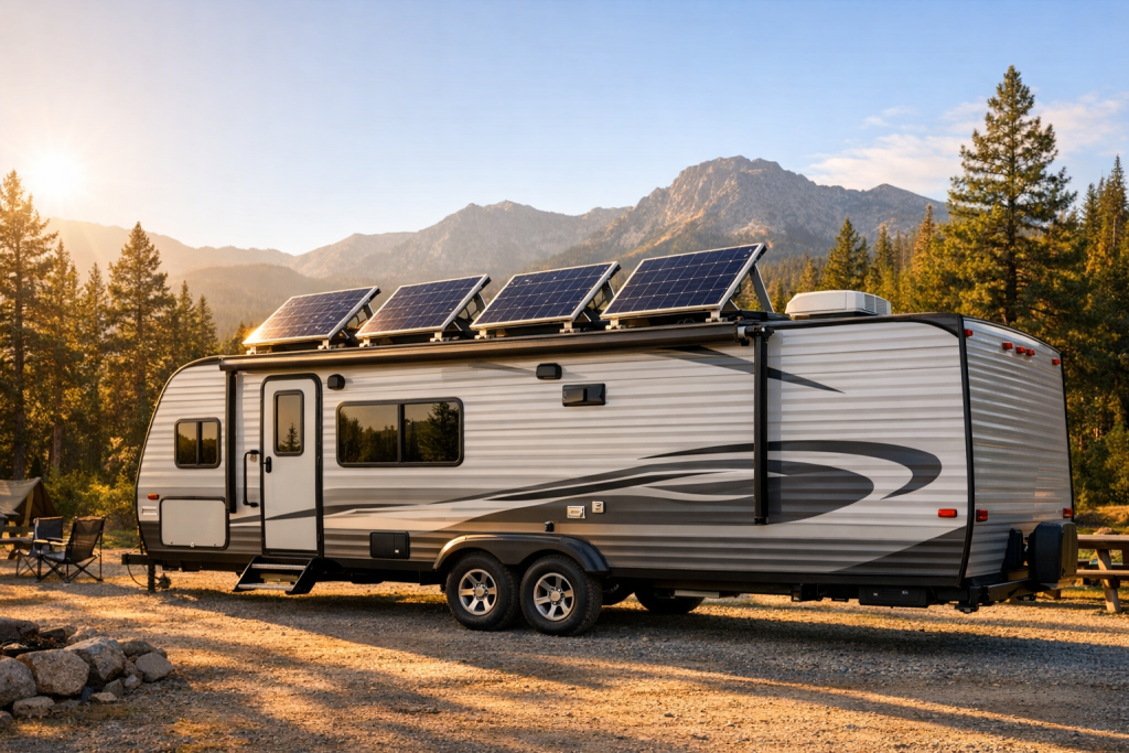 Travel trailer with solar panels tilted at optimal angle toward sun in mountain campground