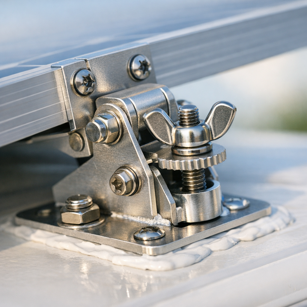 Close-up of adjustable solar panel tilt bracket on RV roof