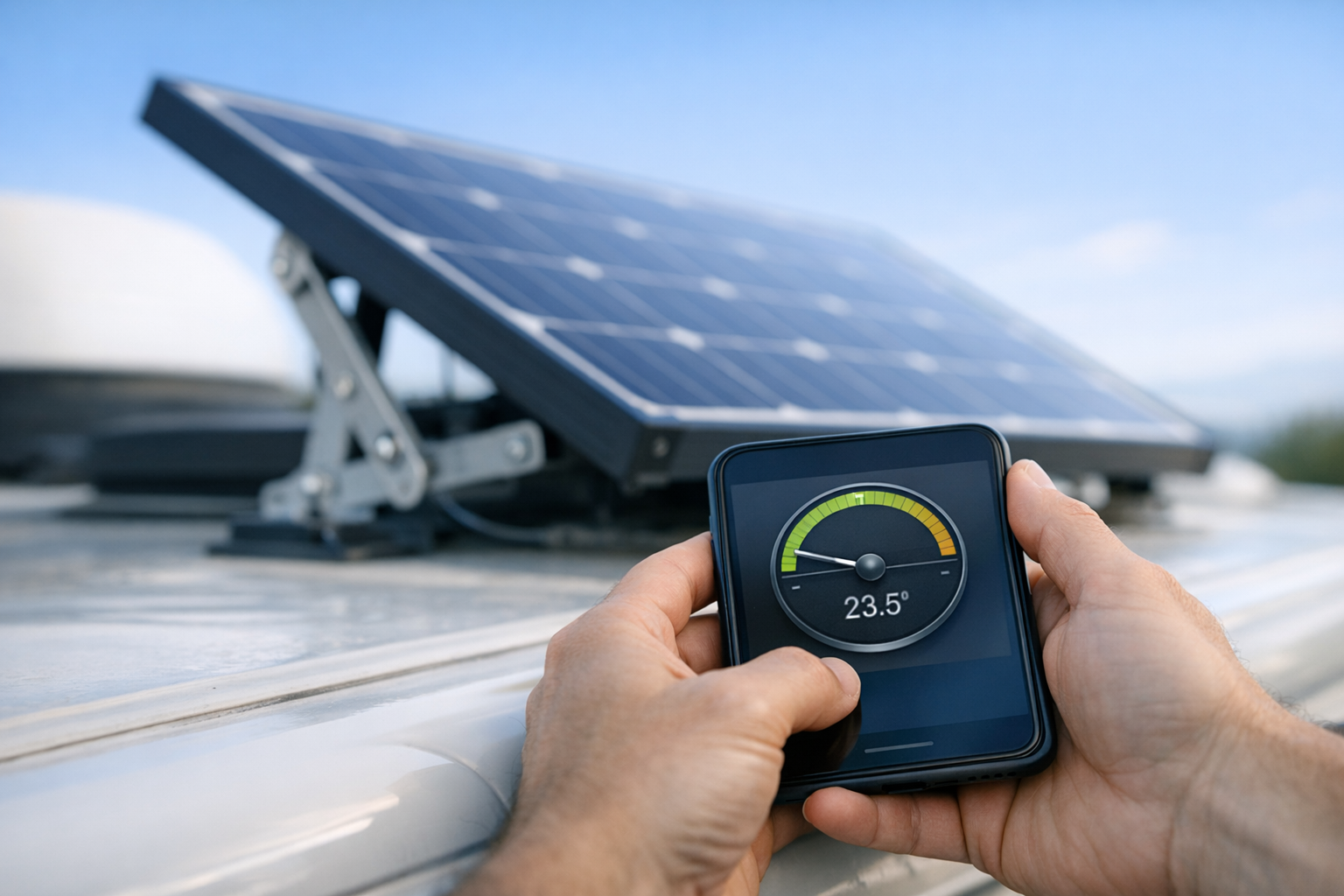 Hands using phone inclinometer to measure solar panel tilt angle on RV roof