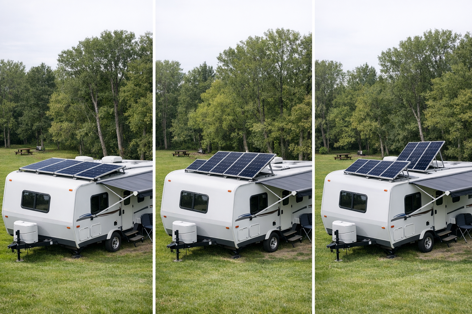 RV solar panels shown at different seasonal tilt angles for latitude adjustment