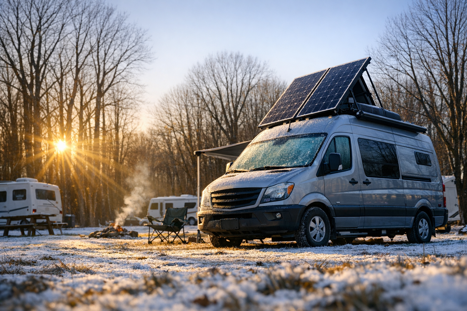 RV solar panels steeply tilted for winter sun angle at snowy campsite