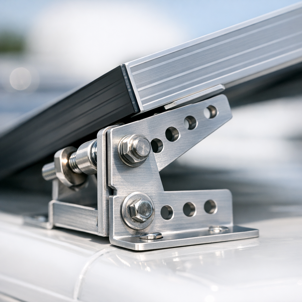 Close-up of adjustable tilt mount bracket holding solar panel at angle