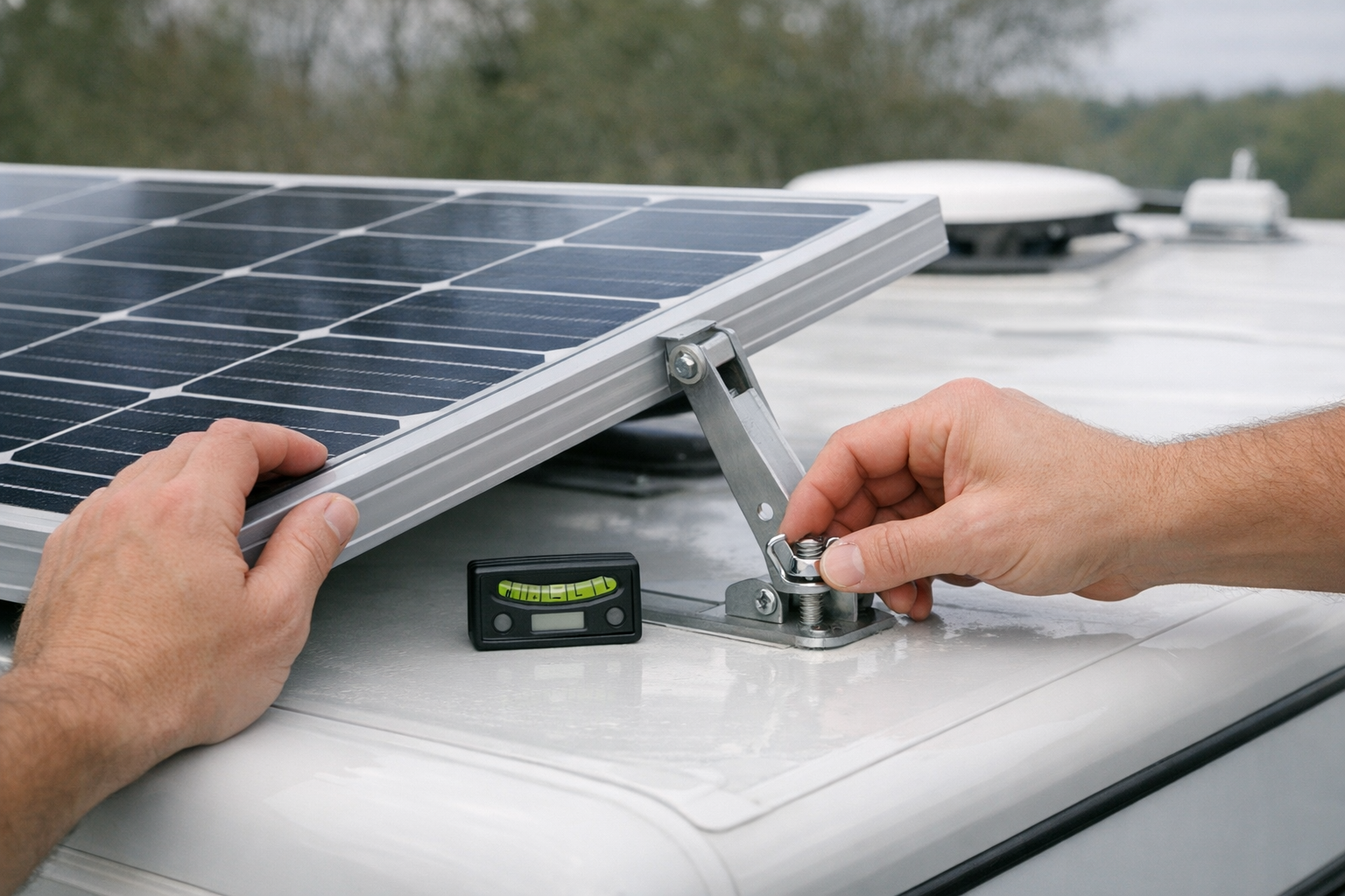 Hands adjusting solar panel tilt angle on RV roof with inclinometer
