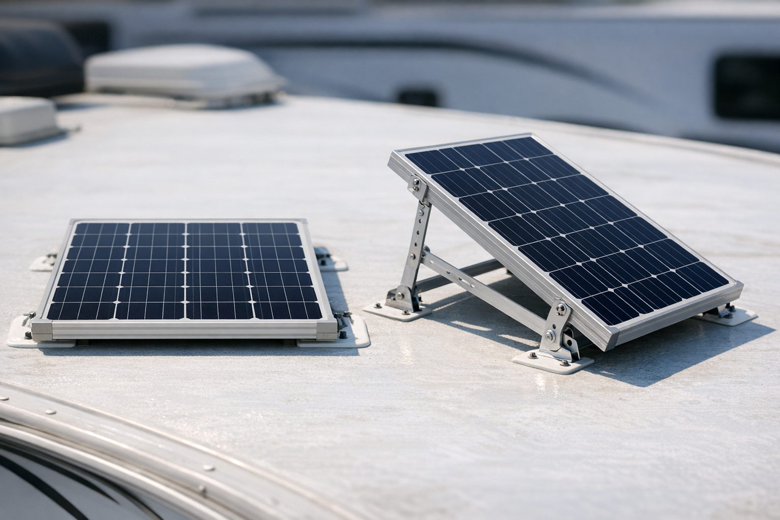 Flat versus tilted RV solar panel comparison showing angle difference