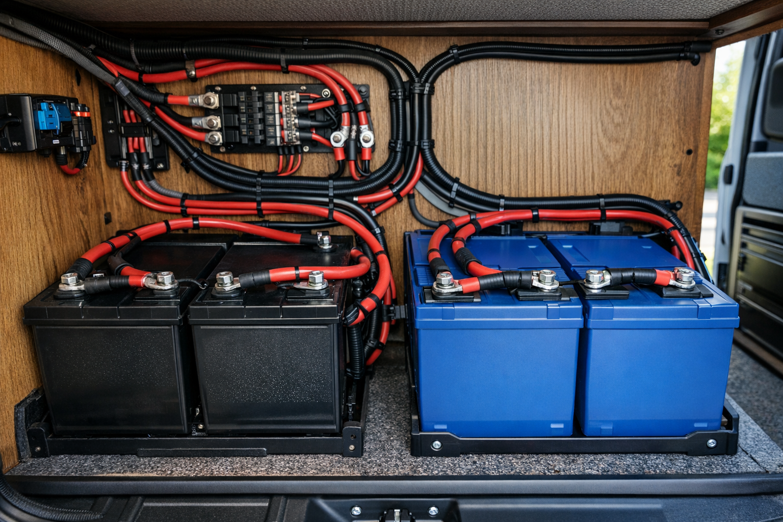RV battery compartment comparing 12V and 24V wiring with different cable gauges