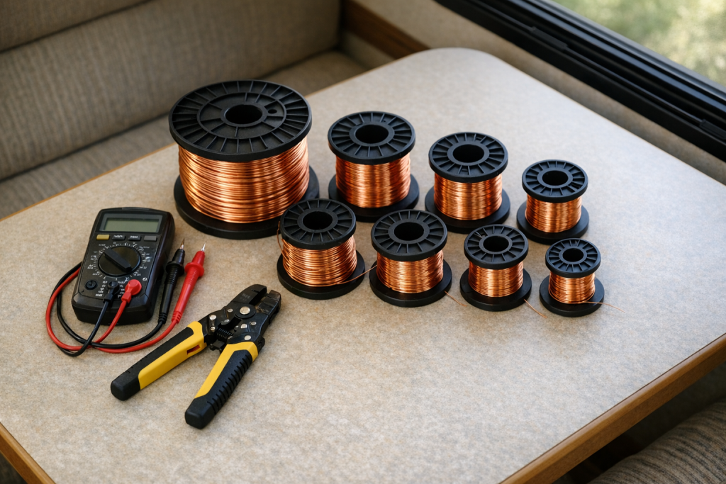 Various AWG copper wire spools arranged on RV table for sizing comparison