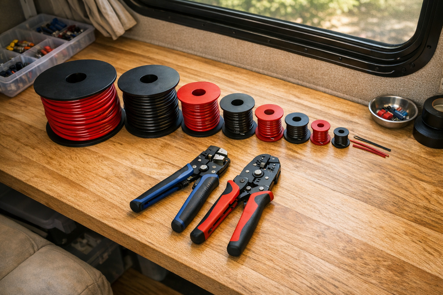 Various AWG copper wire spools organized by gauge on RV workbench