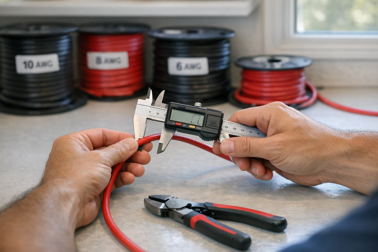 Hands measuring AWG wire diameter with caliper on RV workbench