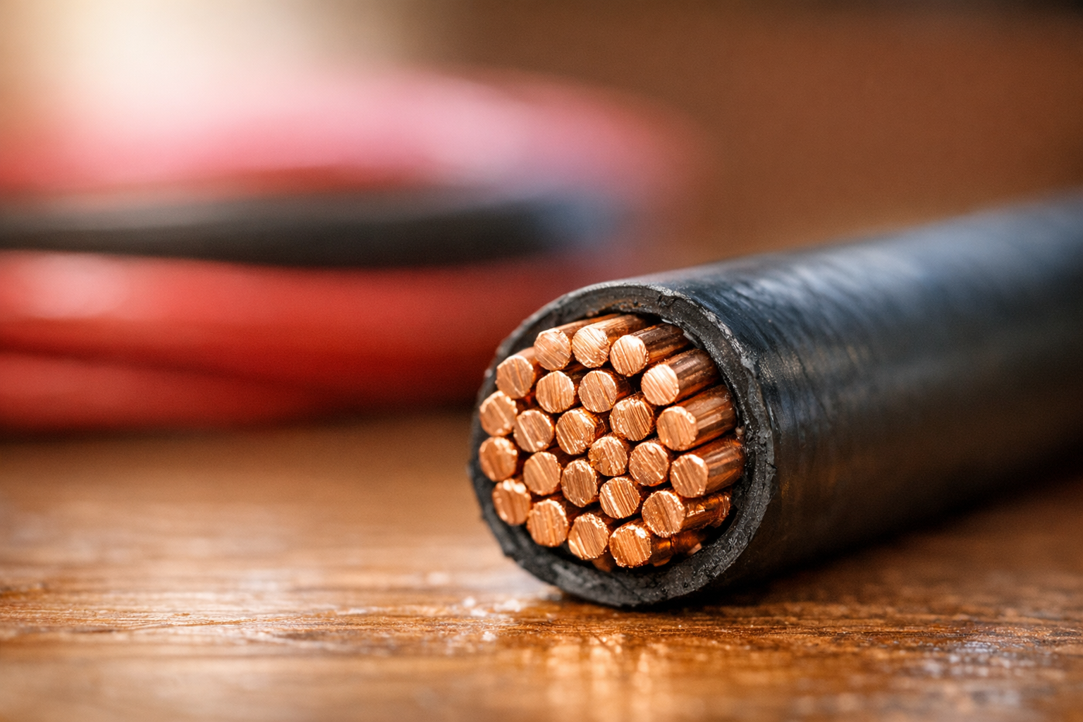 Macro close-up of stranded copper AWG wire cross-section showing resistance area