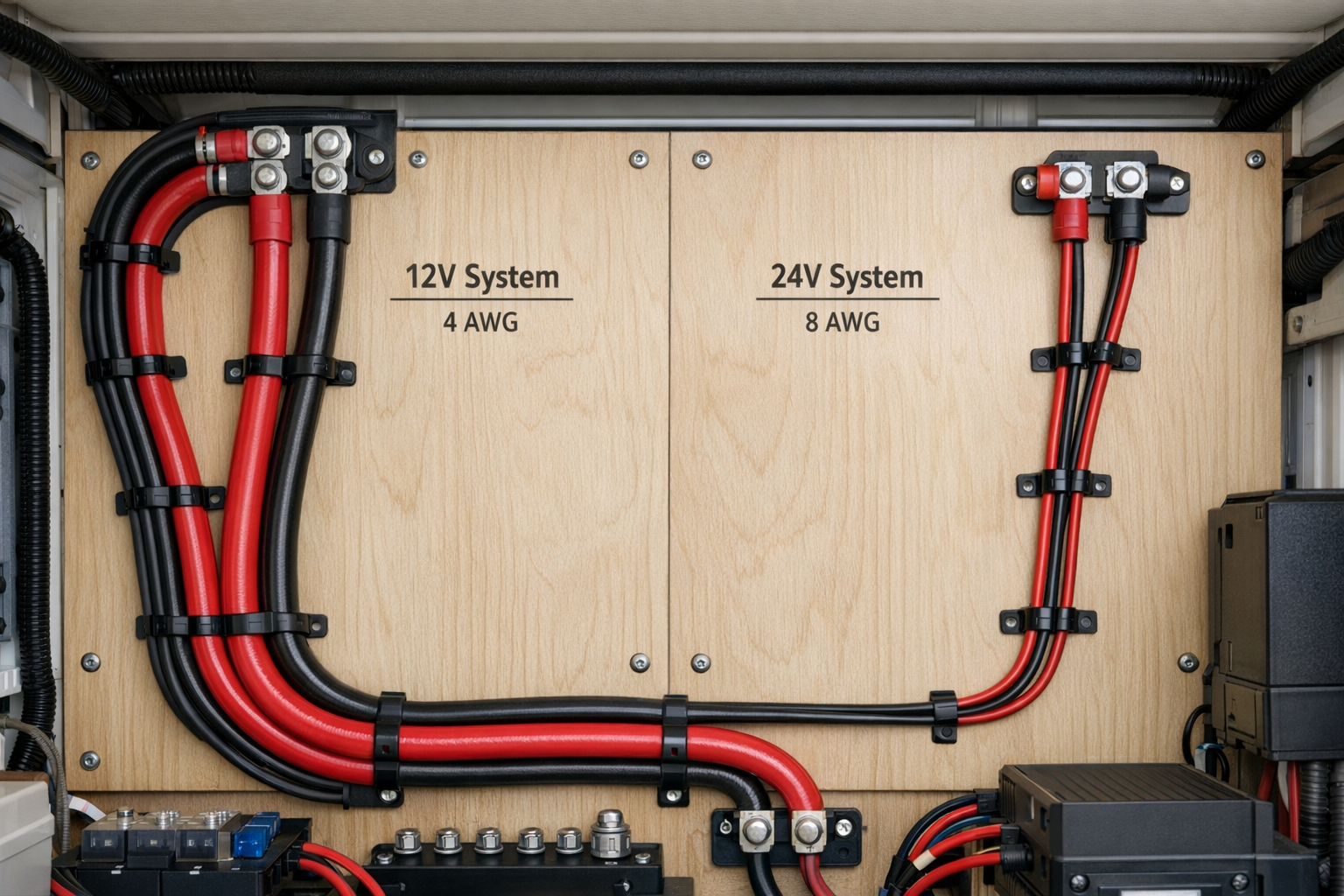 Comparison of thick 12V and thinner 24V AWG cables in RV solar installation