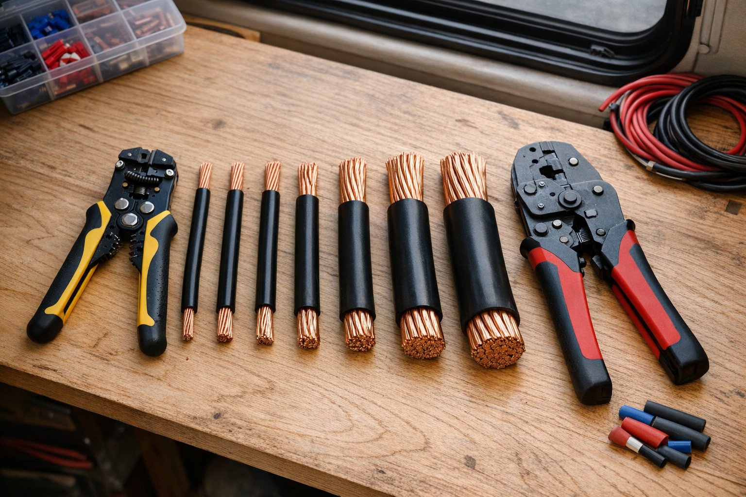 Various AWG copper wire gauges arranged on RV workbench for solar cable sizing