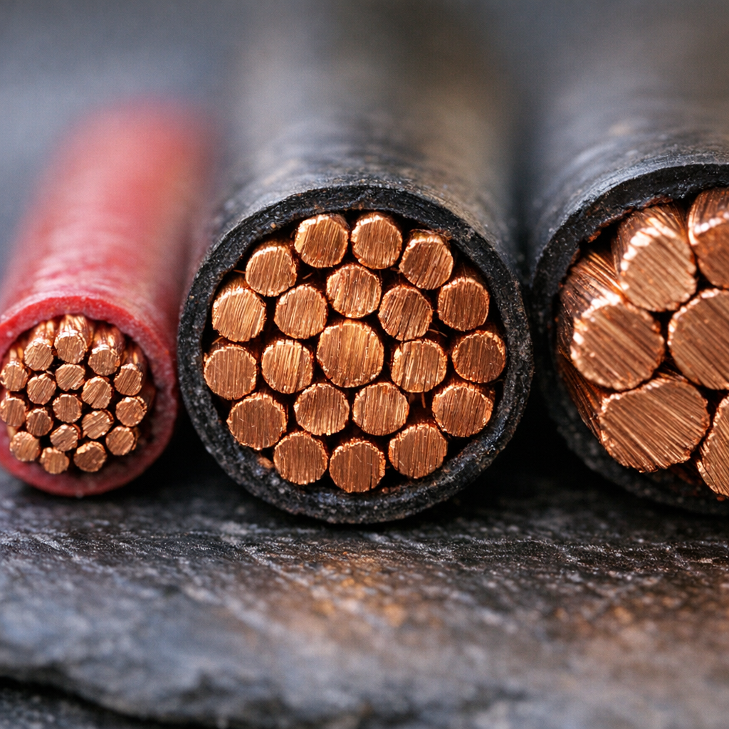 Macro close-up of AWG copper wire cross-sections showing ohms resistance differences
