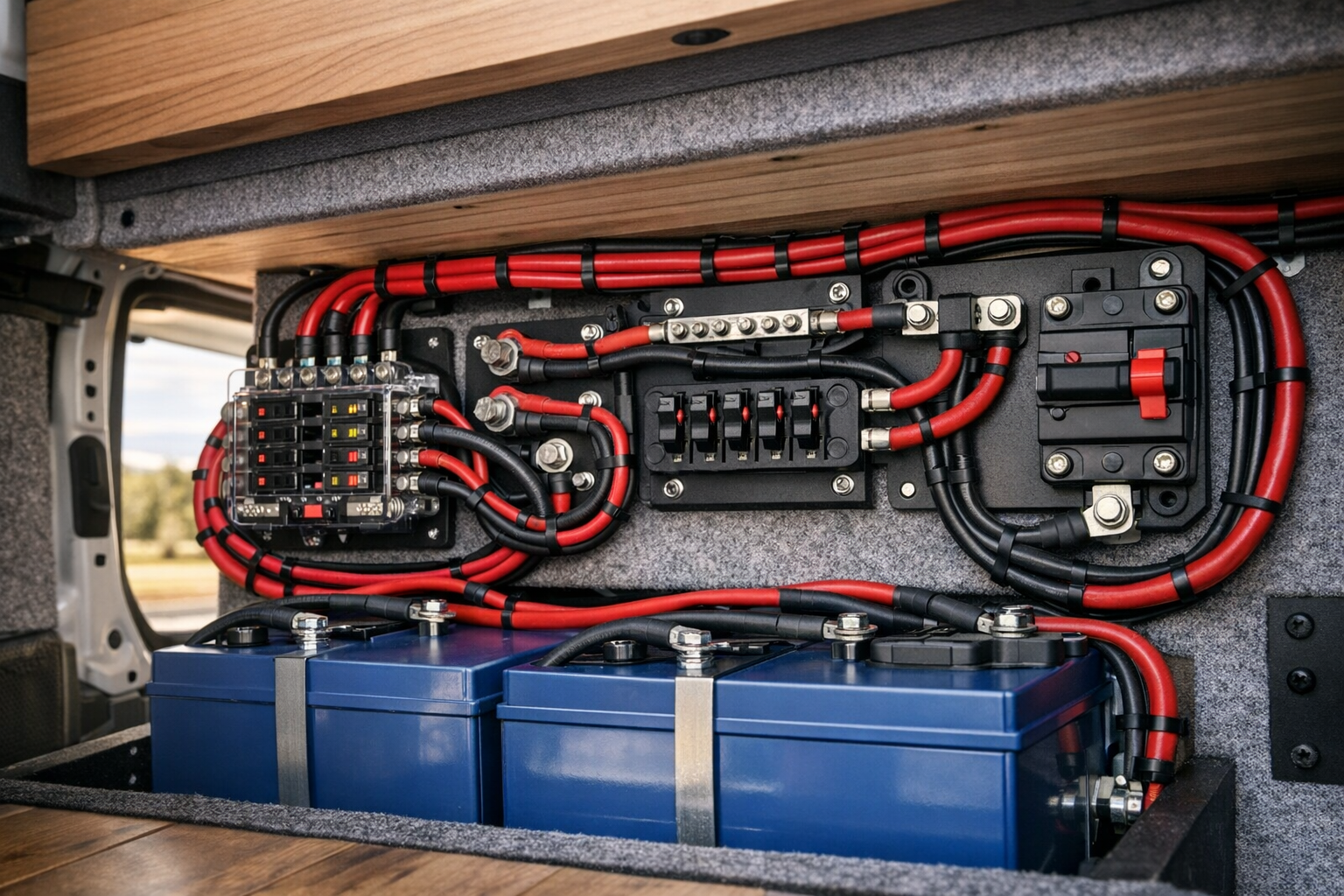RV fuse block and breaker panel with properly sized AWG solar cables