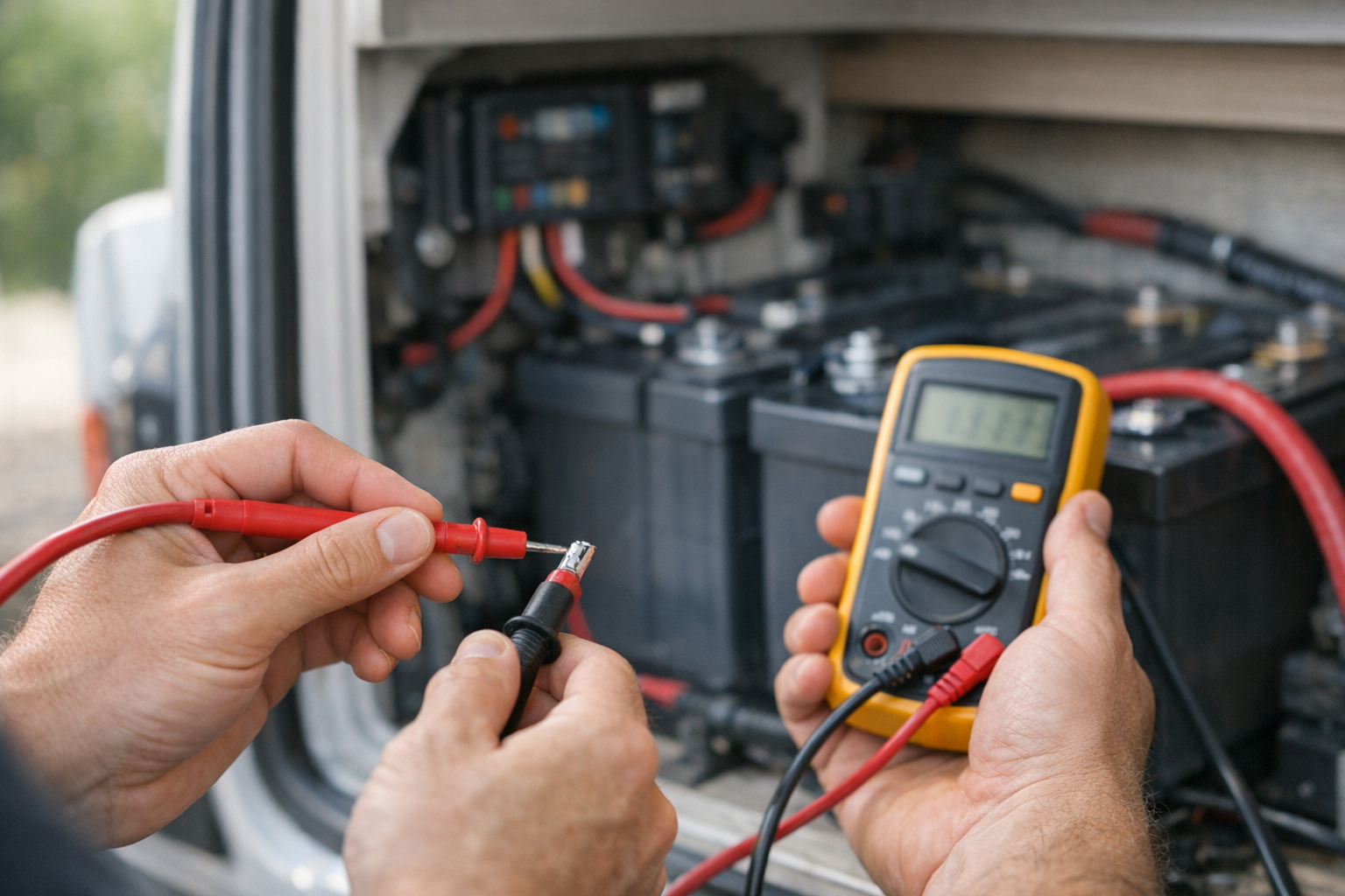 Hands measuring voltage drop on RV solar cable with digital multimeter
