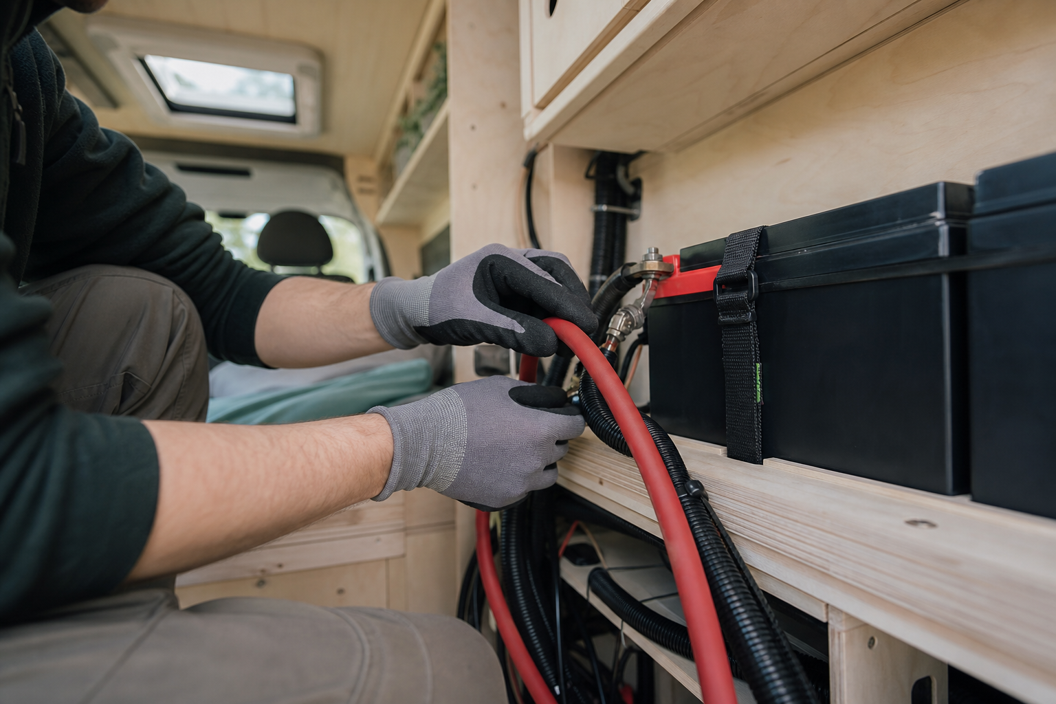 Hands wiring a lithium battery for RV solar installation