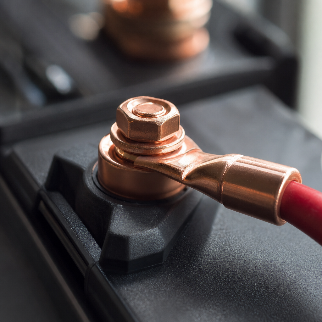 Macro close-up of lithium RV battery terminal and cable lug