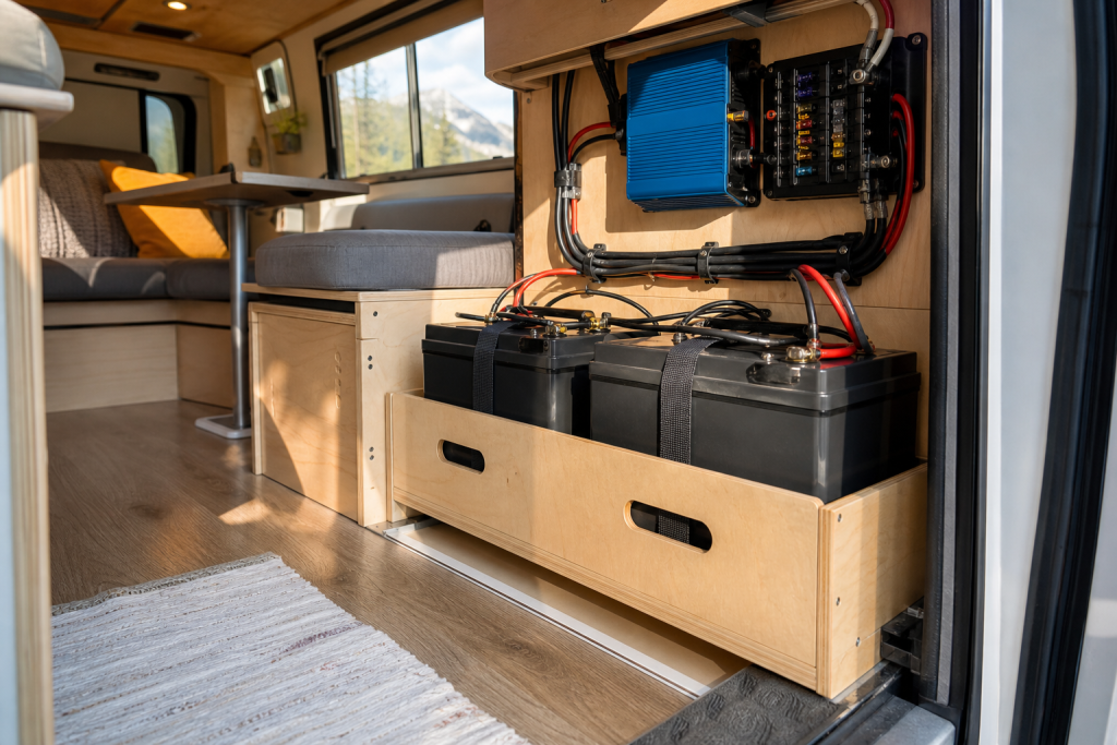 Lithium battery bank installed in sunlit camper van interior