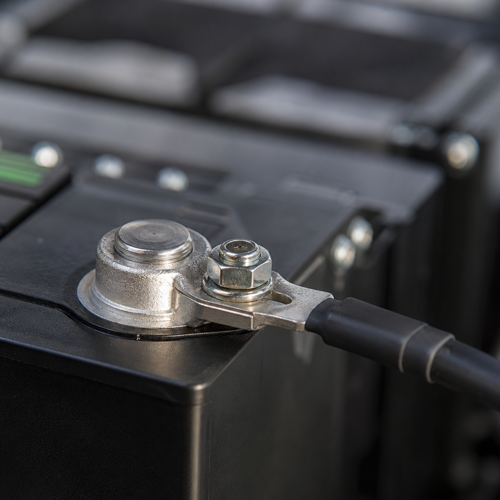 Close-up of lithium battery terminal for RV solar selection
