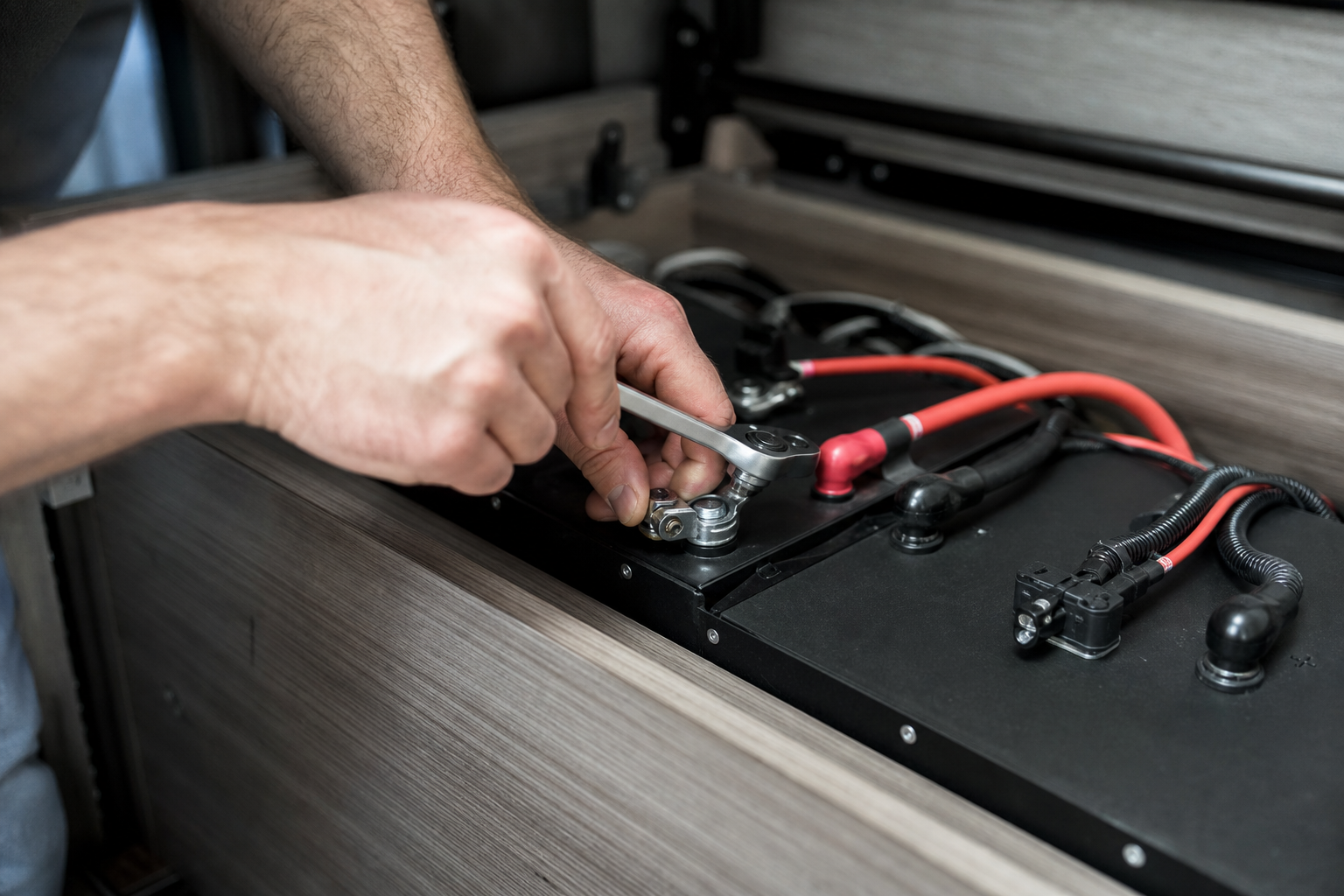 Hands installing a lithium battery for RV solar power