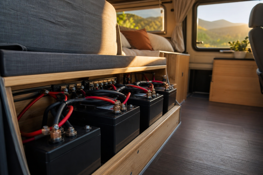 Lithium batteries for RV solar installed under campervan bench