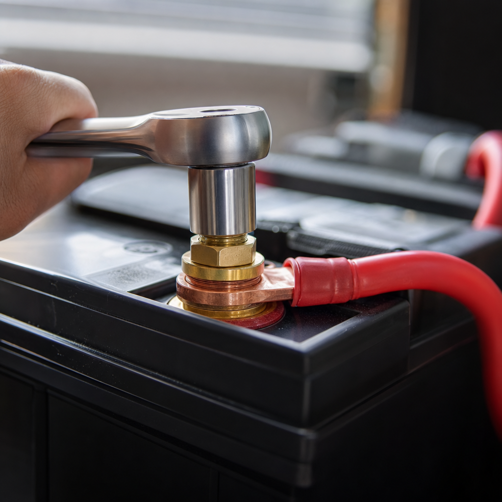 Close-up of lithium RV battery terminal being torqued