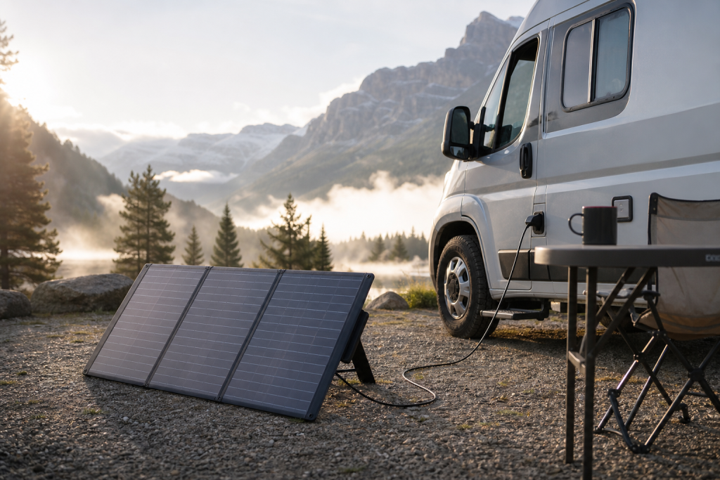 Portable RV solar panel unfolded beside camper van at golden hour