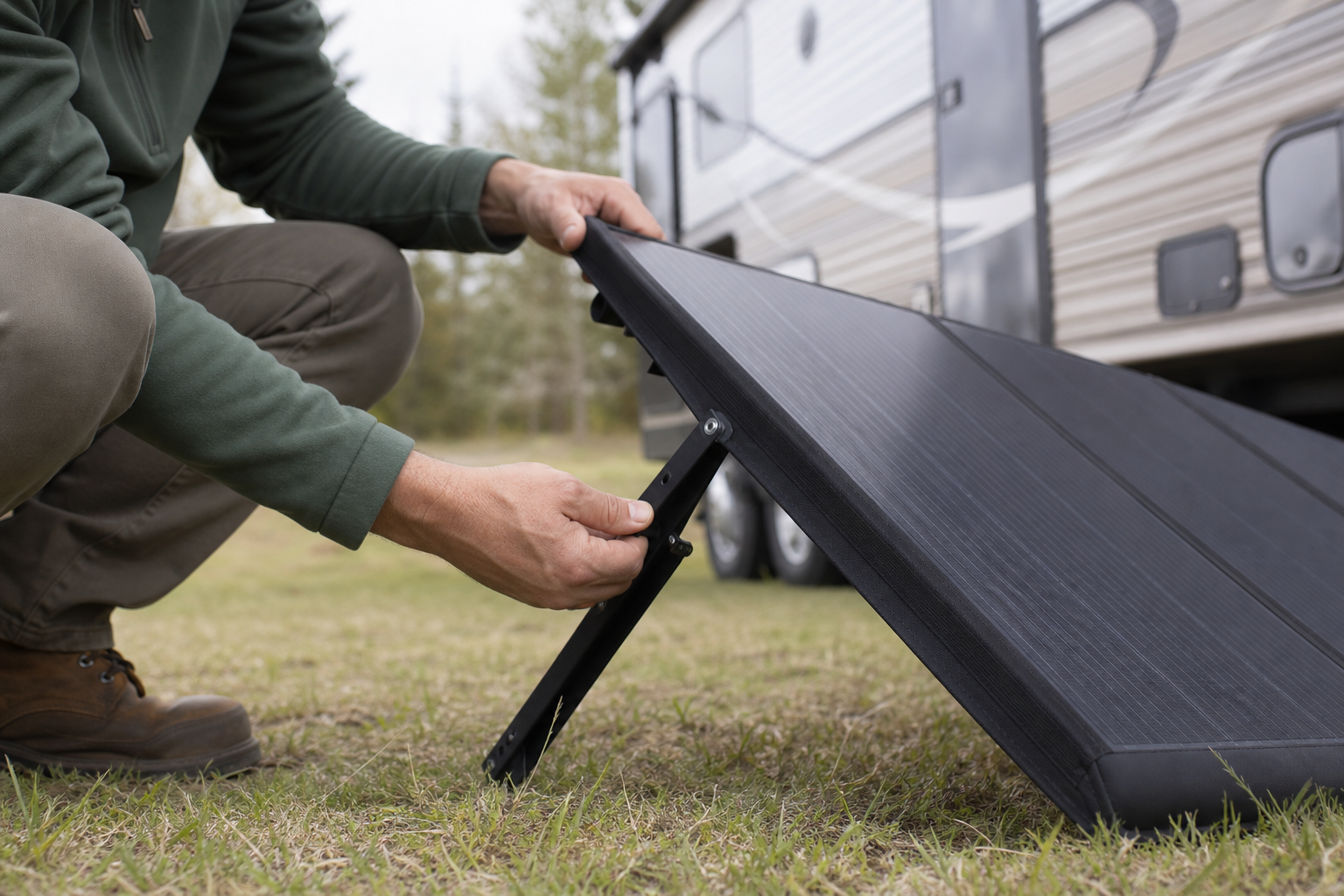 Hands tilting a portable RV solar panel toward the sun