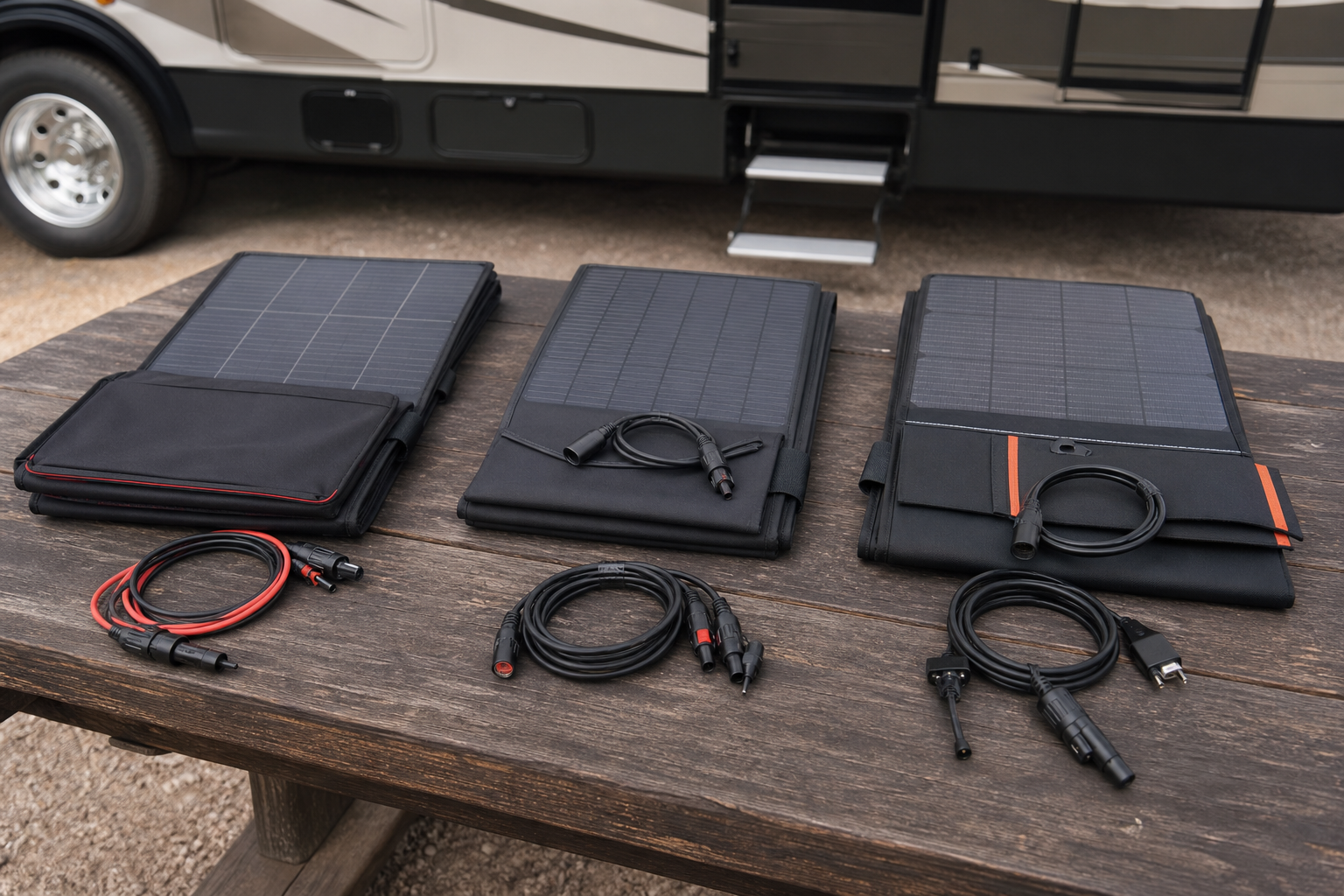 Three portable RV solar panel kits compared on a wooden table
