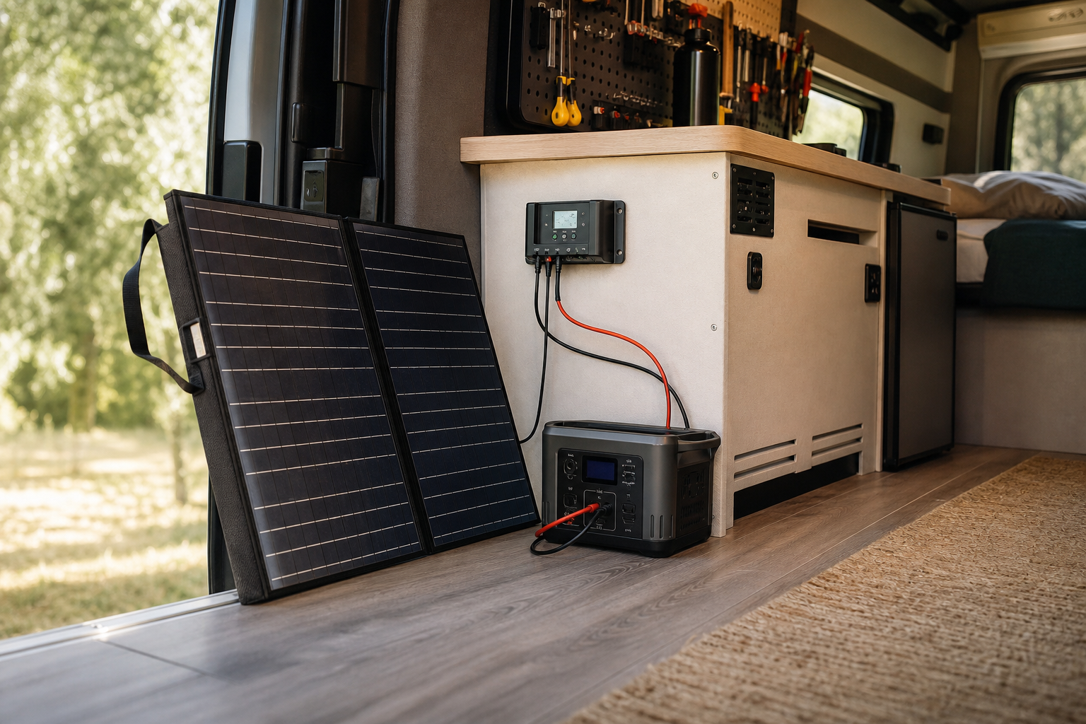 Campervan interior with portable solar panel and power station setup