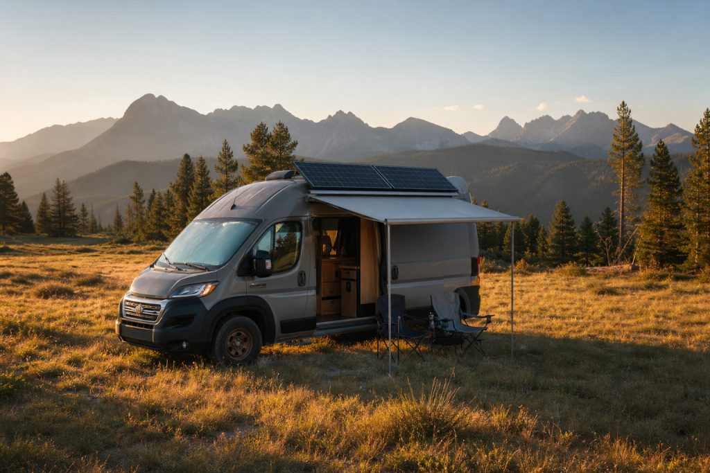 RV with rooftop solar panels parked at golden hour outdoors