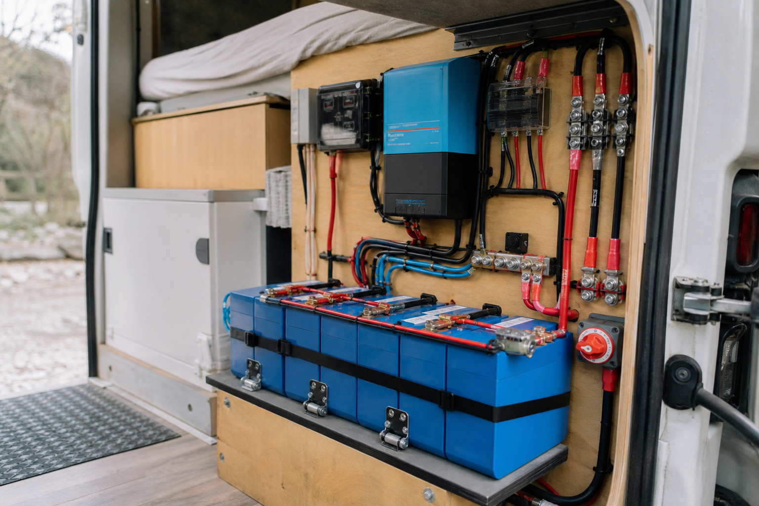 Tidy van electrical bay with charge controller, battery, and wiring