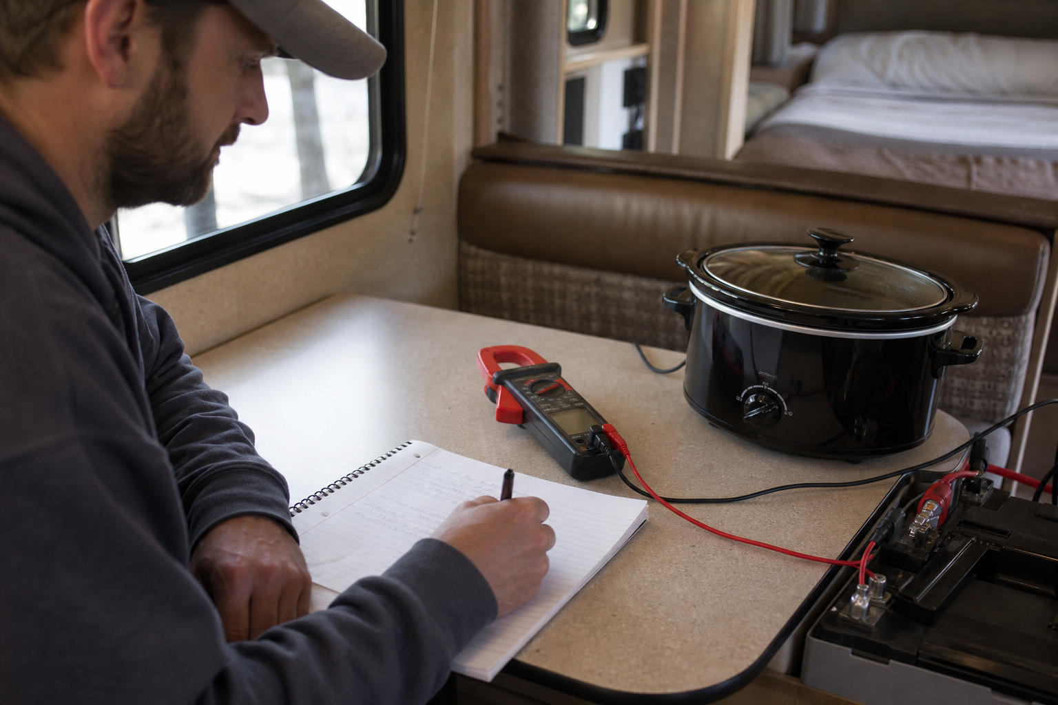 Hands measuring RV appliance loads to estimate daily watt-hours needed