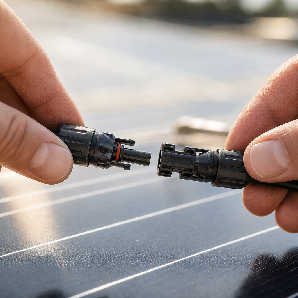 Close-up of MC4 solar connectors highlighting wiring and system losses