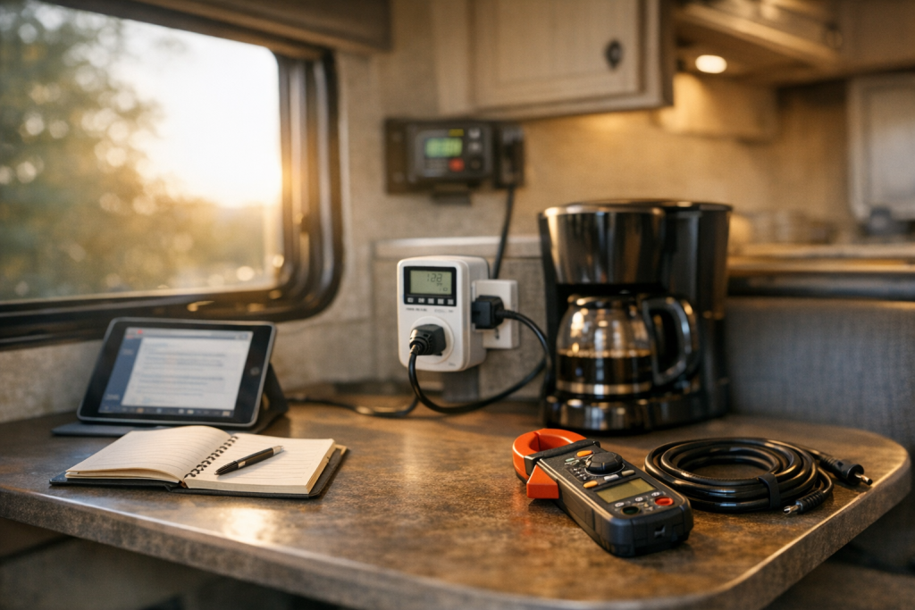 RV interior workspace for an energy audit with meters and notebook