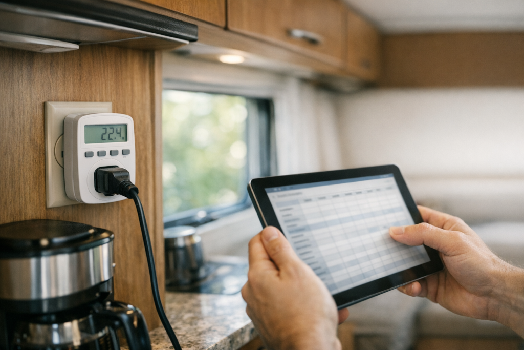RV energy audit with plug-in watt meter and tablet planning