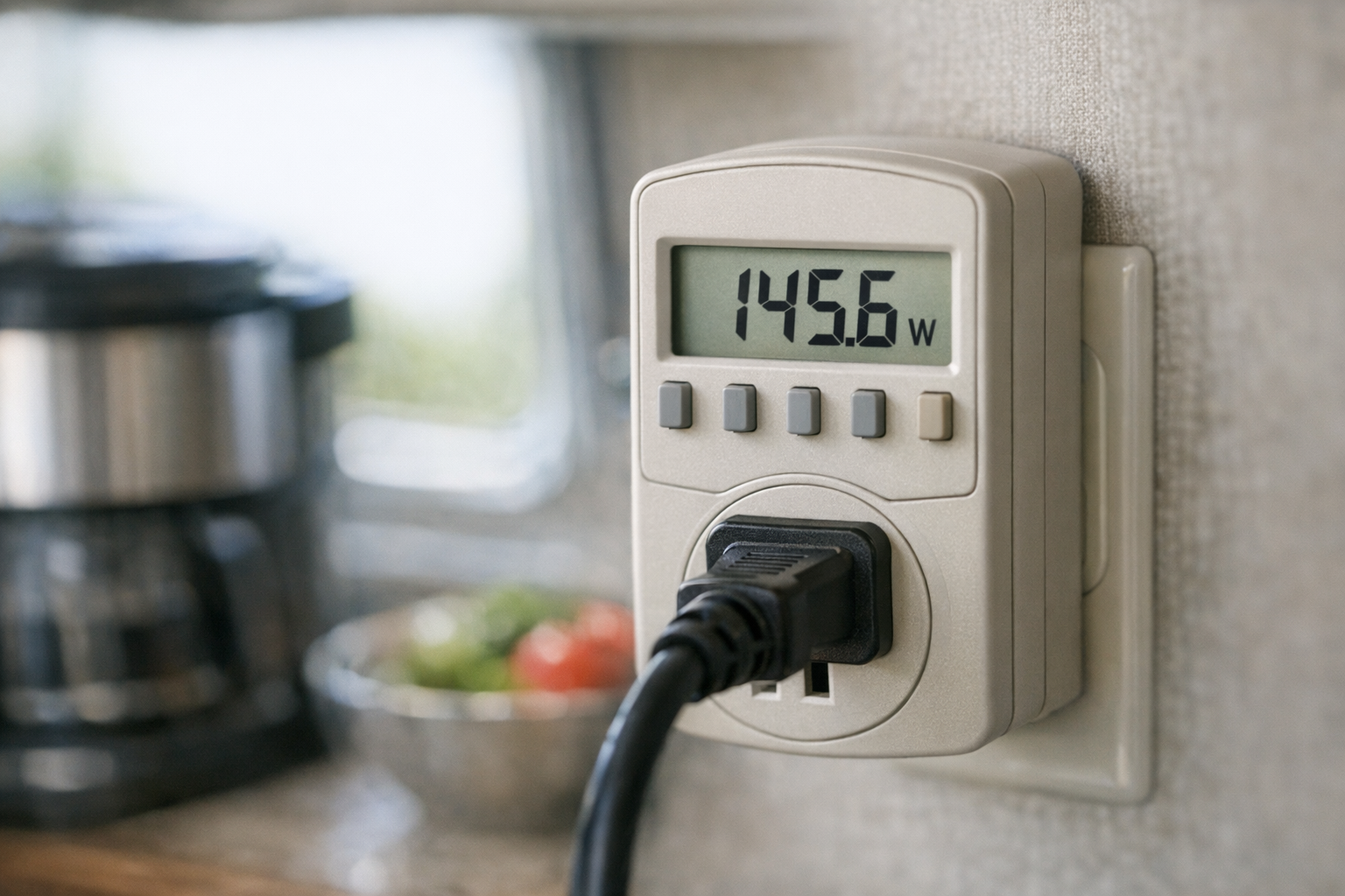 Plug-in power meter showing watt reading on RV appliance
