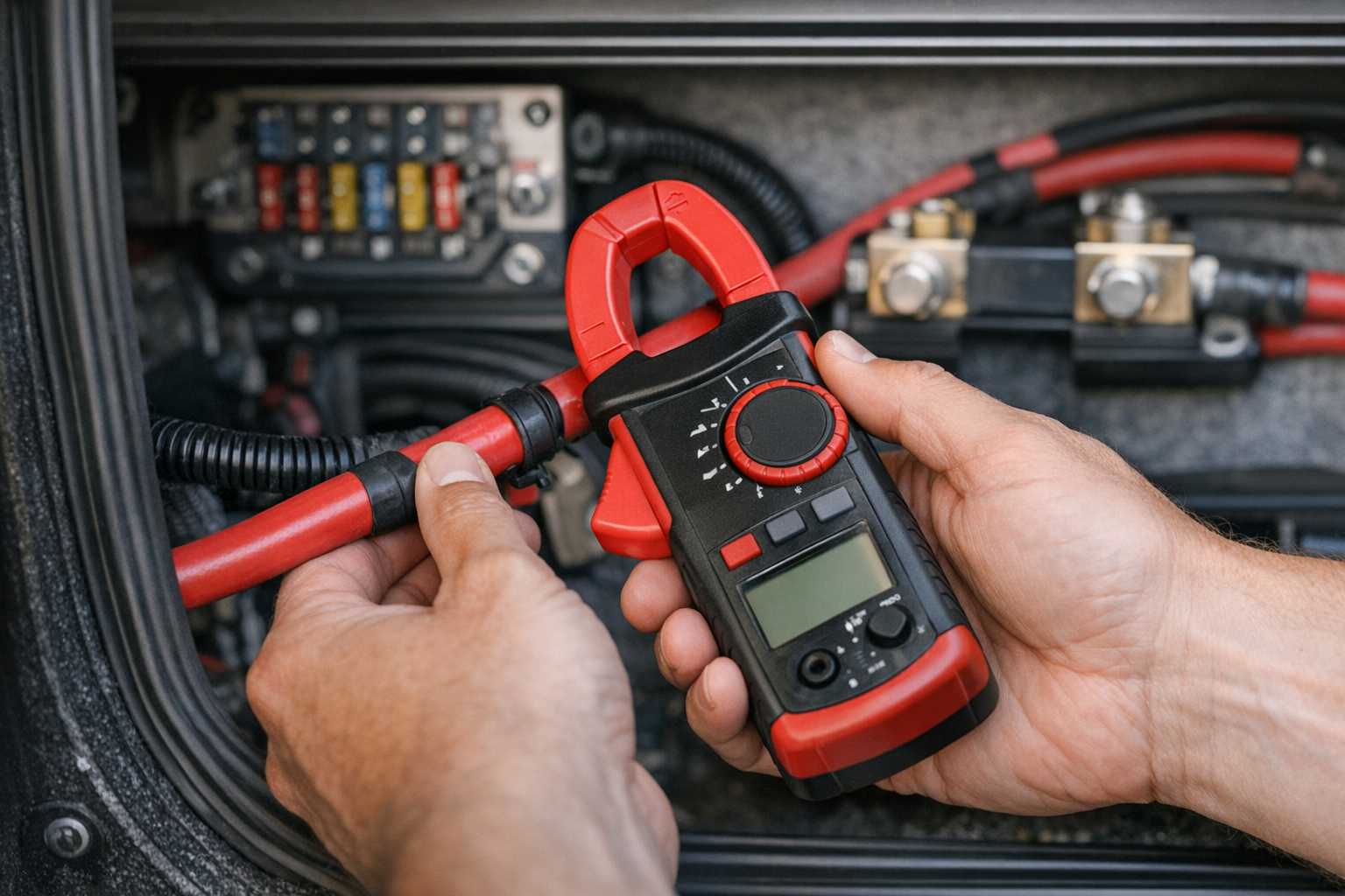 Hands using a clamp meter on a DC cable during RV energy audit