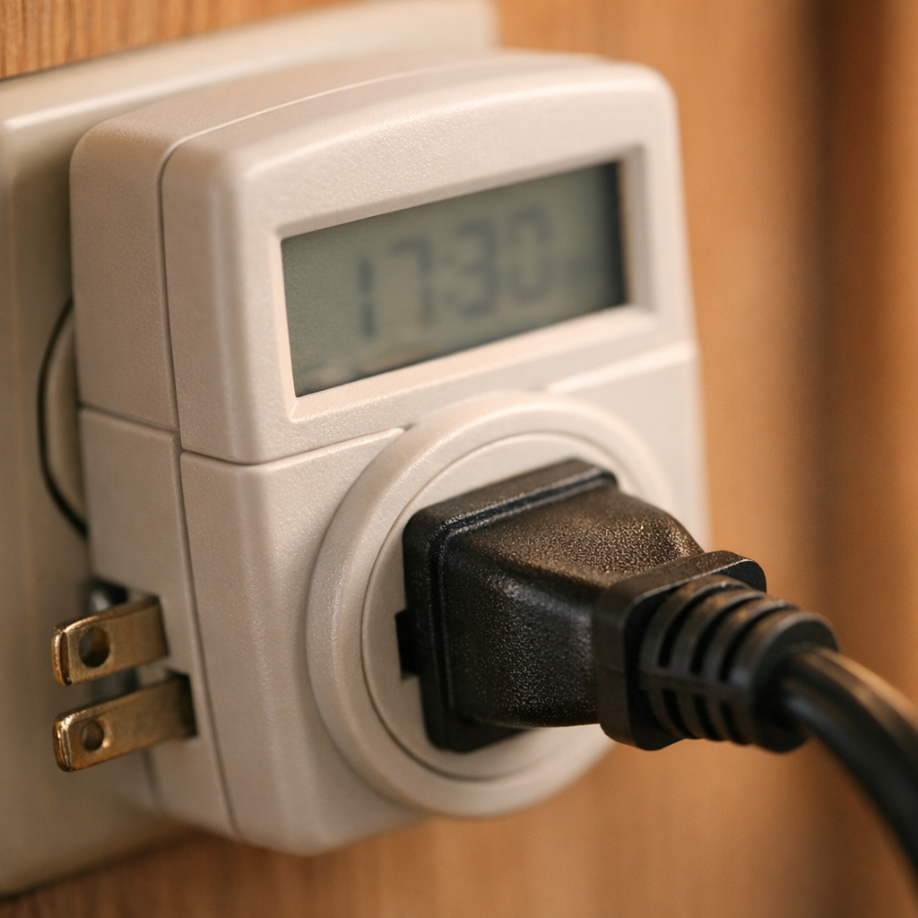 Close-up of plug-in watt meter measuring an RV appliance load