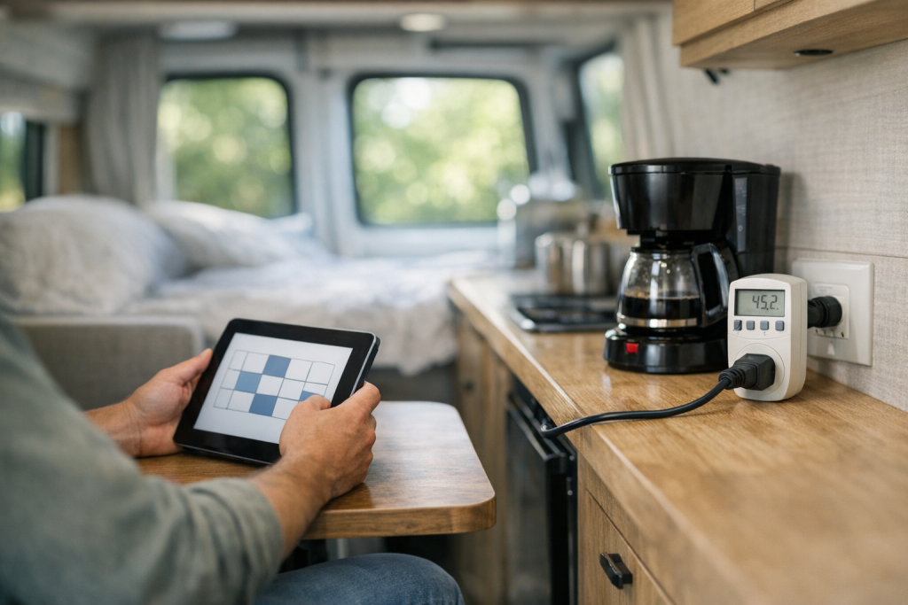 RV owner performing an energy audit with watt meter and tablet