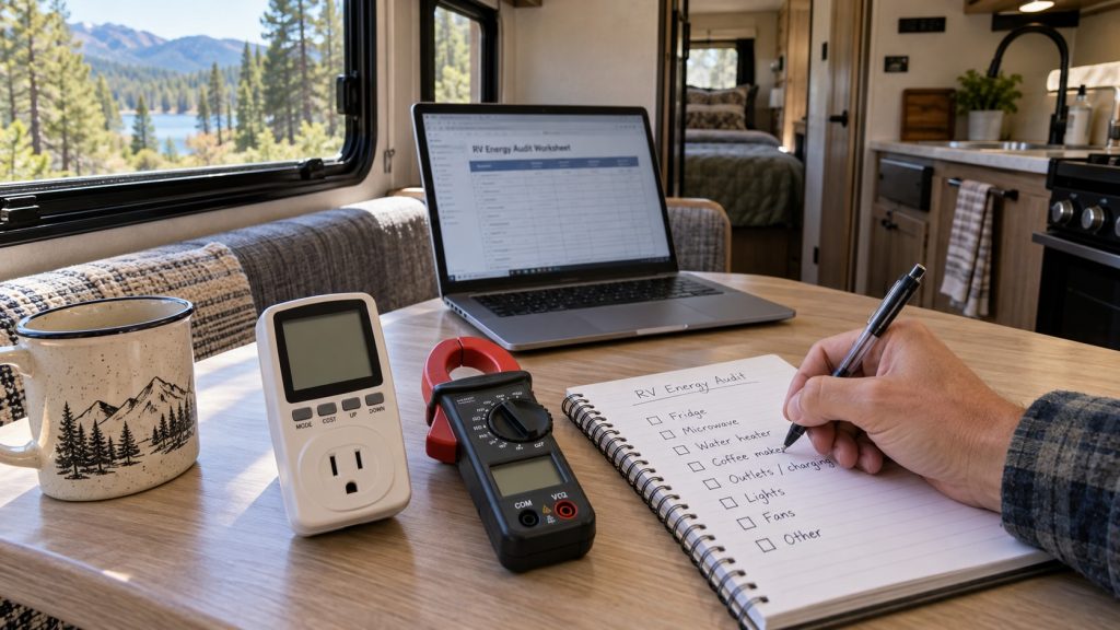 Hand writing an RV appliance checklist in a notebook beside a laptop worksheet, a plug-in watt meter and a clamp meter on a dinette table