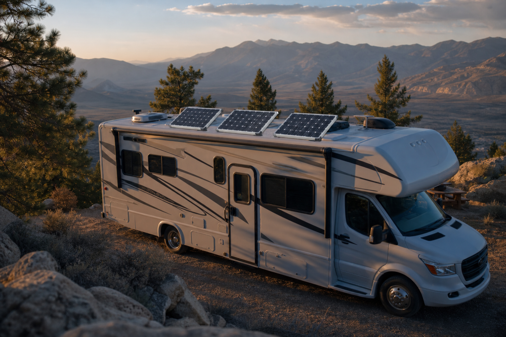RV with rooftop solar panels parked in sunny desert campsite