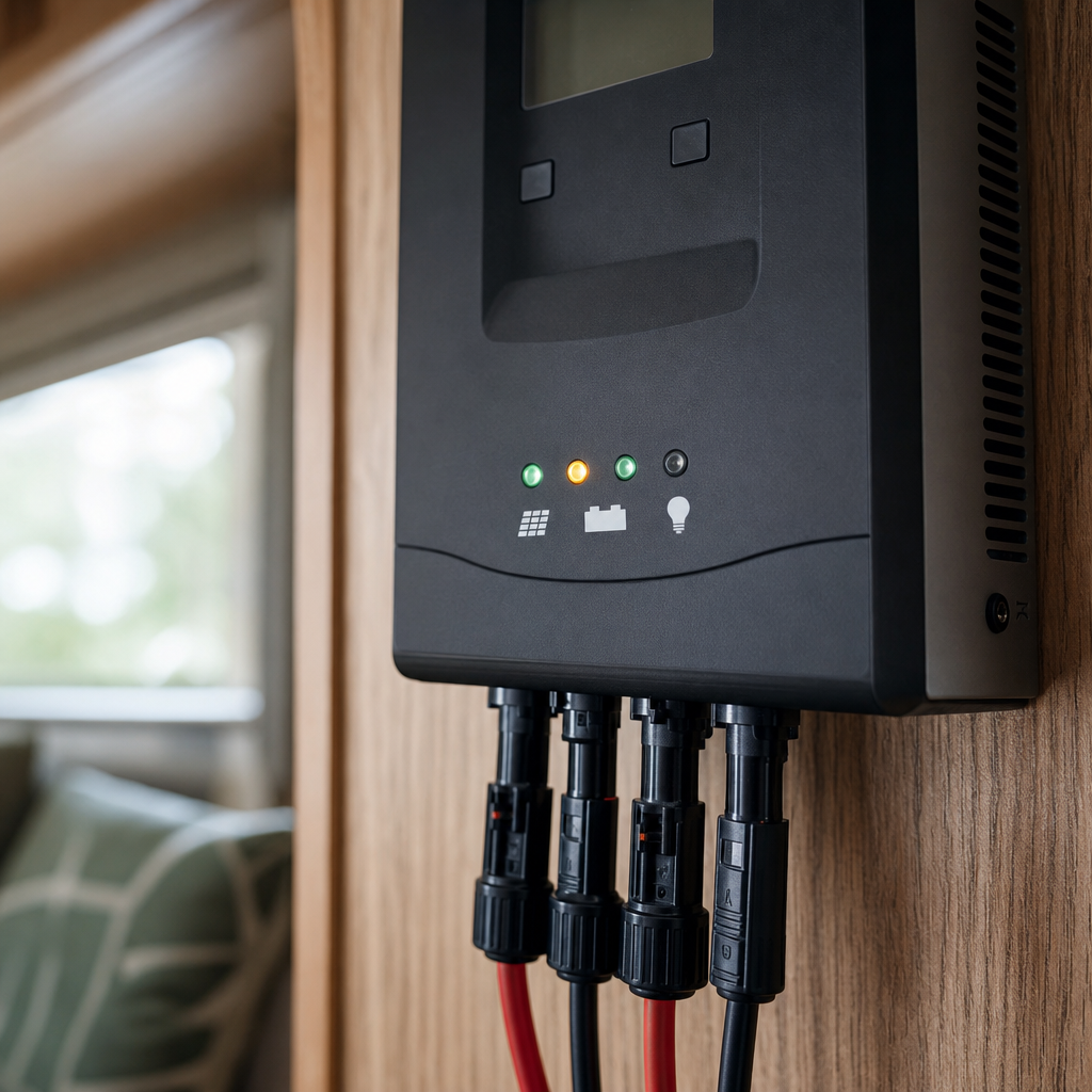 Close-up of MPPT charge controller wiring inside RV cabinet