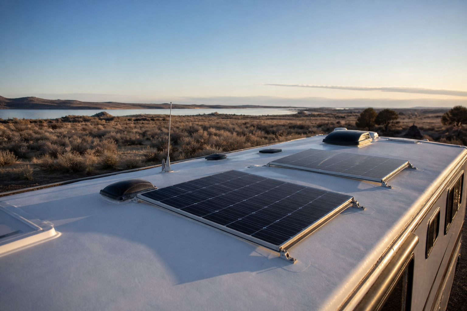 Morning sun hitting RV rooftop solar panels at low angle
